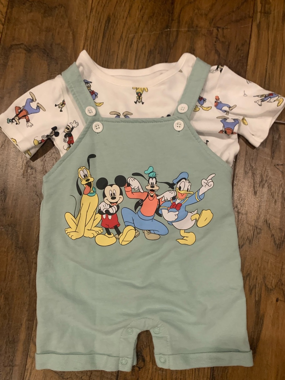 Disney Baby Overalls Set - Mint Green and White with Mickey & Friends